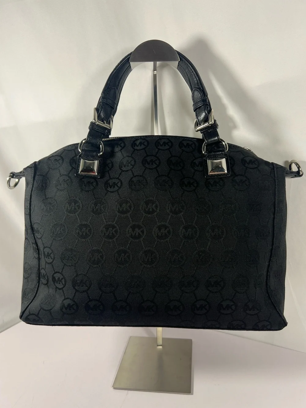 4279: Michael Kors Black Logo Jacquard Satchel Silver Hardware